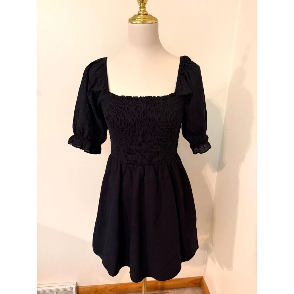 WAYF Black Smocked Square Neck Puff Sleeve Mini Dress Size S